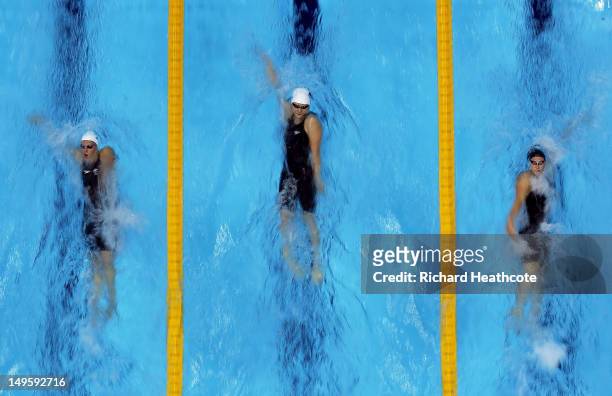Alicia Coutts of Australia, Shiwen Ye of China and Caitlin Leverenz of the United States compete in the Women's 200m Individual Medley final on Day 4...