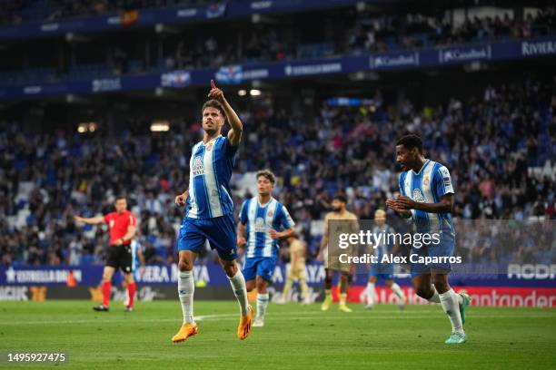 Javi Puado of RCD Espanyol celebrates after scoring the team's first goal during the LaLiga Santander match between RCD Espanyol and UD Almeria at...