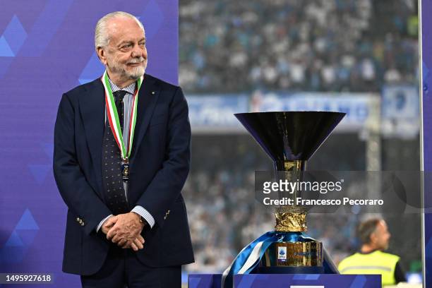 President of SSC Napoli, Aurelio De Laurentiis, looks on next to the Serie A trophy following the Serie A match between SSC Napoli and UC Sampdoria...