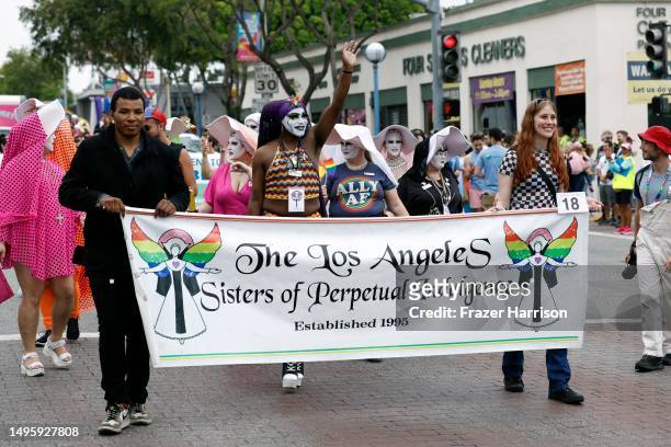 Members of The Los Angeles Sisters of Perpetual Indulgence attend the 2023 WeHo Pride Parade on June 04, 2023 in West Hollywood, California.