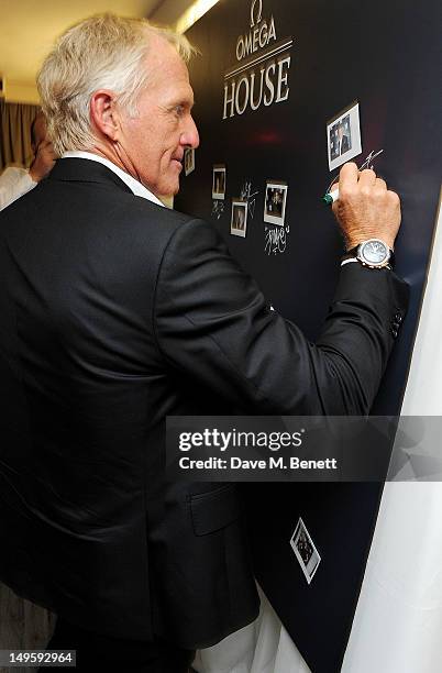 Golf legend Greg Norman attends Golf Day at OMEGA House, OMEGA's official residence during the London 2012 Olympic Games, at The House of St Barnabas...