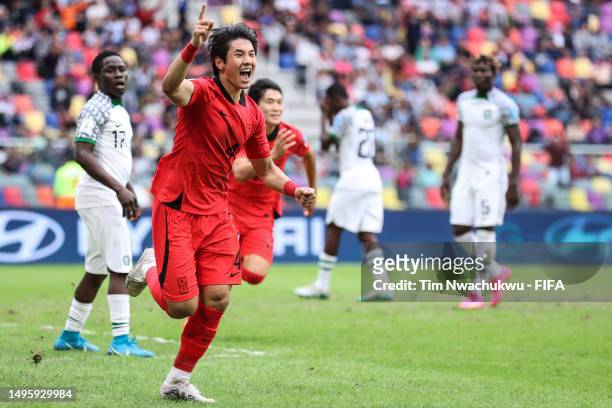 Choi Seokhyun of Korea Republic celebrates after scoring the team's first goal during the FIFA U-20 World Cup Argentina 2023 Quarter Finals match...