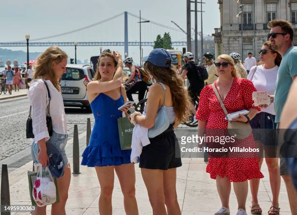 Tourists in Praça do Comercio on June 04, 2023 in Lisbon, Portugal. According to Banco de Portugal expenditure by foreign tourists in the country...