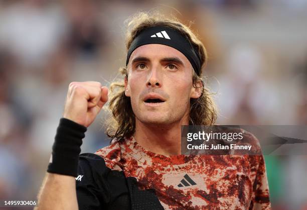 Stefanos Tsitsipas of Greece celebrates against Sebastian Ofner of Austria during the Men's Singles Fourth Round match on Day Eight of the 2023...