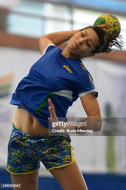 Player in action during a Brazilian olympic handball team training session at the Crystal Palace on July 31, 2012 in London, England.