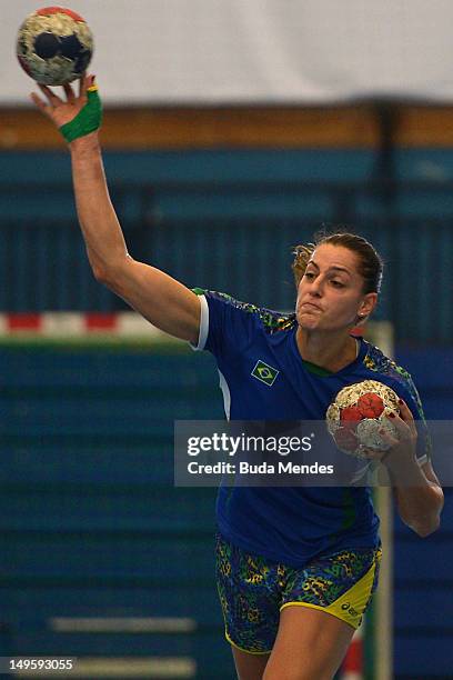 Eduarda Amorim in action during a Brazilian olympic handball team training session at the Crystal Palace on July 31, 2012 in London, England.