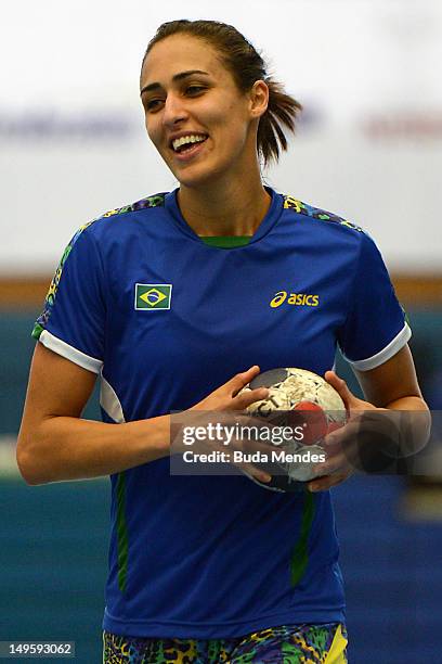 Fabiana Diniz in action during a Brazilian olympic handball team training session at the Crystal Palace on July 31, 2012 in London, England.