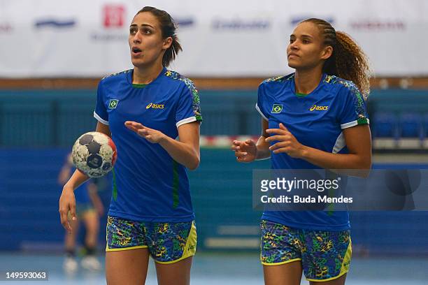 Fabiana Diniz and Alexandra Priscila Nascimento in action during a Brazilian olympic handball team training session at the Crystal Palace on July 31,...