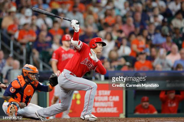 Shohei Ohtani of the Los Angeles Angels grounds out during the fourth inning against the Houston Astros at Minute Maid Park on June 04, 2023 in...