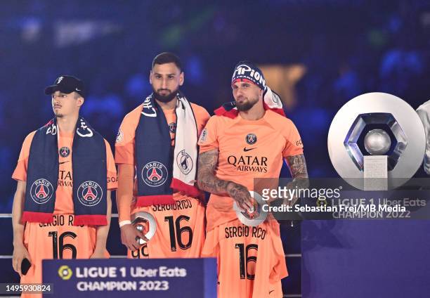 Lucas Lavallee, Alexandre Letellier and Gianluigi Donnarumma of Paris Saint-Germain celebrate during the Ligue 1 match between Paris Saint-Germain...