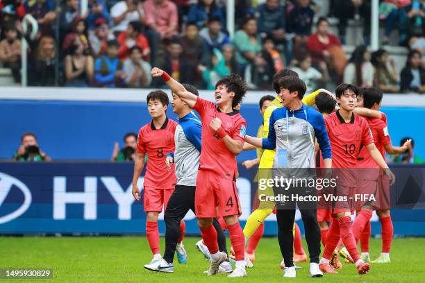 Choi Seokhyun of Korea Republic celebrates with his teammates after scoring the team's first goal during the FIFA U-20 World Cup Argentina 2023...