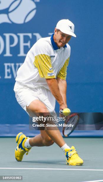 Yevgeny Kafelnikov of Russia in action at the United States Open in Flushing, New York on August 29th, 1997 in New York, NY.