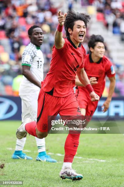 Choi Seokhyun of Korea Republic celebrates after scoring the team's first goal during the FIFA U-20 World Cup Argentina 2023 Quarter Finals match...