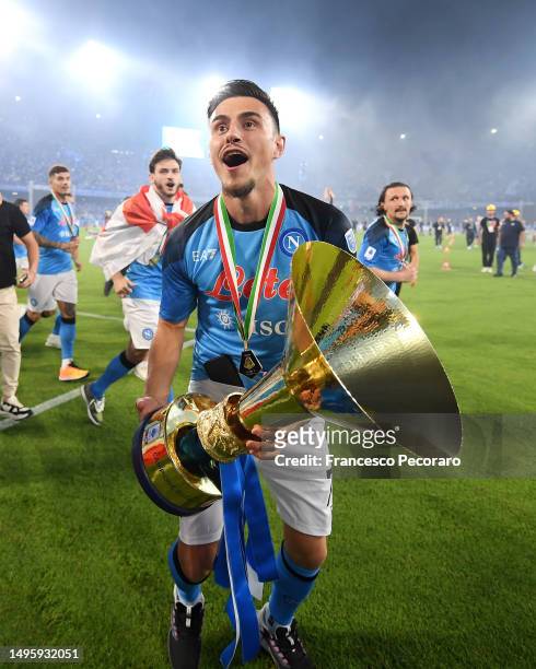 Eljif Elmas of SSC Napoli celebrates with the Serie A trophy following the Serie A match between SSC Napoli and UC Sampdoria at Stadio Diego Armando...