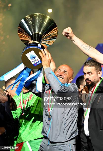 Luciano Spalletti, Head Coach of SSC Napoli, celebrates with the Serie A trophy following the Serie A match between SSC Napoli and UC Sampdoria at...