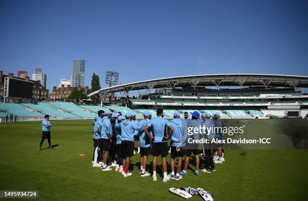India huddle during India training prior to the ICC World Test Championship Final 2023 at The Oval on June 04, 2023 in London, England.