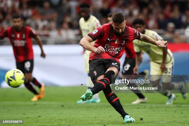 Milan, ITALY Olivier Giroud of AC Milan scores their sides first goal from the penalty spot during the Serie A match between AC Milan and Hellas...