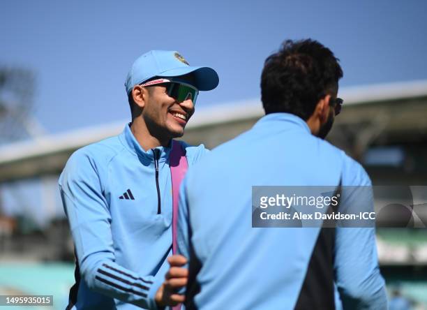 Shubman Gill of India jokes with Virat Kohli during India training prior to the ICC World Test Championship Final 2023 at The Oval on June 04, 2023...