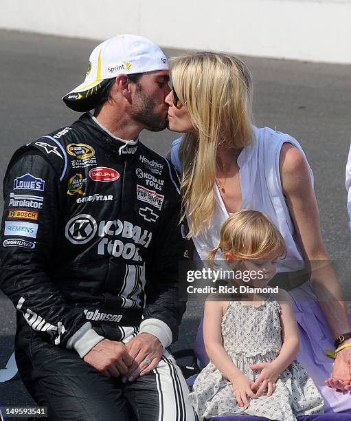 Brickyard 400 winner Jimmie Johnson, Daughter Genevieve Marie Johnson and Wife Chandra Johnson attend the Brickyard 400 presented by...