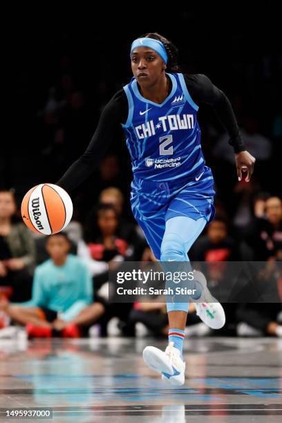 Kahleah Copper of the Chicago Sky dribbles during the second half against the New York Liberty at Barclays Center on June 04, 2023 in the Brooklyn...