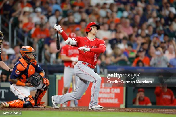 Shohei Ohtani of the Los Angeles Angels bats during the eighth inning against the Houston Astros at Minute Maid Park on June 04, 2023 in Houston,...