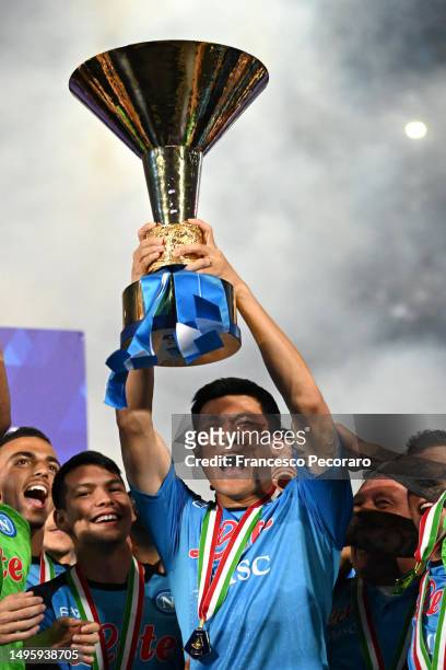 Kim Min-Jae of SSC Napoli celebrates with the Serie A trophy following the Serie A match between SSC Napoli and UC Sampdoria at Stadio Diego Armando...