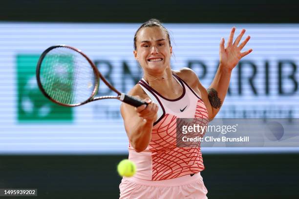 Aryna Sabalenka plays a forehand against Sloane A. Stephens of United States during the Women's Singles Fourth Round match on Day Eight of the 2023...