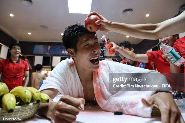 Lee Youngjun of Korea Republic celebrate following the team's victory in the FIFA U-20 World Cup Argentina 2023 Quarter Finals match between Korea...