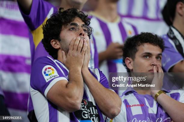 Real Valladolid CF fans react during the LaLiga Santander match between Real Valladolid CF and Getafe CF at Estadio Municipal Jose Zorrilla on June...