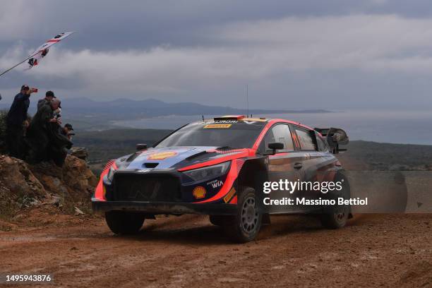 Thierry Neuville of Belgium and Martijn Wydaeghe of Belgium compete with their Hyundai Shell Mobis WRT Hyundai i20 N Rally1 Hybrid during day Four of...