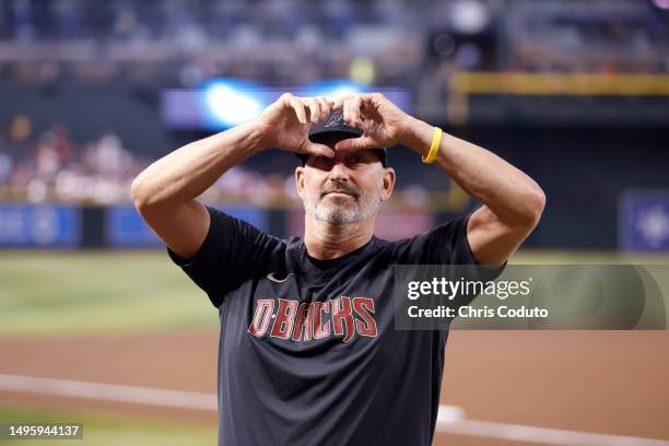 Manager Torey Lovullo of the Arizona Diamondbacks gestures before the game against the Atlanta Braves at Chase Field on June 04, 2023 in Phoenix,...