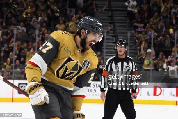 Shea Theodore of the Vegas Golden Knights celebrates his goal against the Florida Panthers in Game One of the 2023 NHL Stanley Cup Final at T-Mobile...