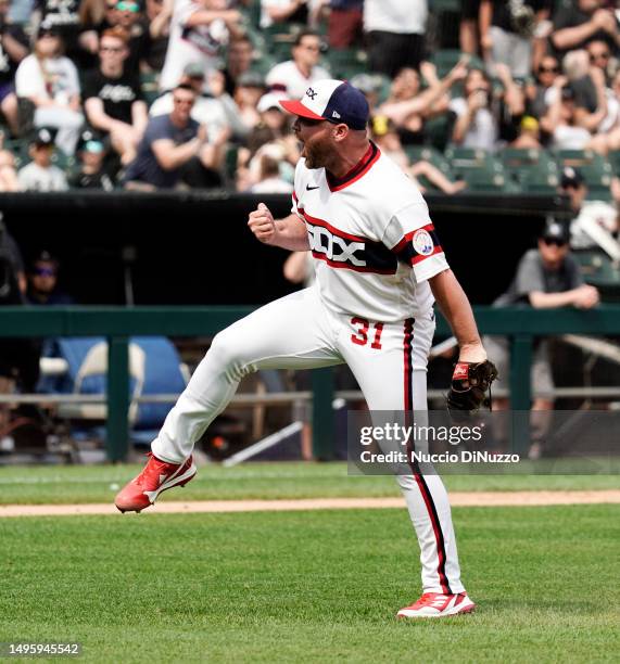 Liam Hendriks of the Chicago White Sox reacts during the ninth inning of a game against the Detroit Tigers at Guaranteed Rate Field on June 04, 2023...