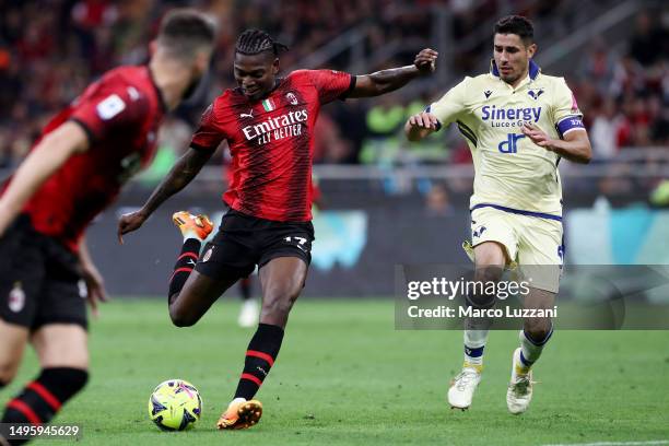 Rafael Leao of AC Milan scores their sides second goal during the Serie A match between AC MIlan and Hellas Verona at Stadio Giuseppe Meazza on June...