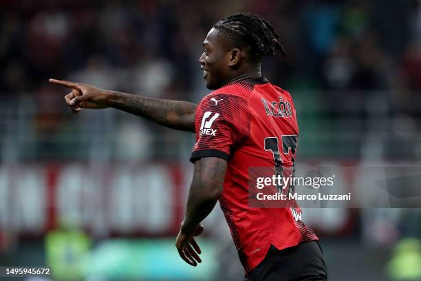 Rafael Leao of AC Milan celebrates after scoring their sides second goal during the Serie A match between AC MIlan and Hellas Verona at Stadio...