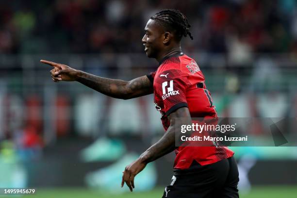 Rafael Leao of AC Milan celebrates after scoring their sides second goal during the Serie A match between AC MIlan and Hellas Verona at Stadio...