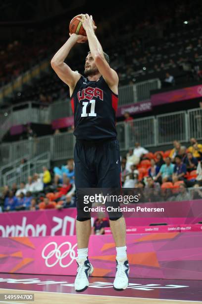 Kevin Love of United States shoots the ball against Tunisia during the Men's Basketball Preliminary Round match on Day 4 of the London 2012 Olympic...