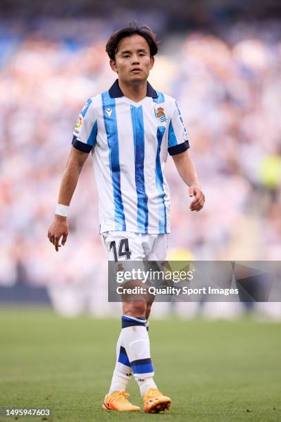 Takefusa Kubo of Real Sociedad looks on during the LaLiga Santander match between Real Sociedad and Sevilla FC at Reale Arena on June 04, 2023 in San...