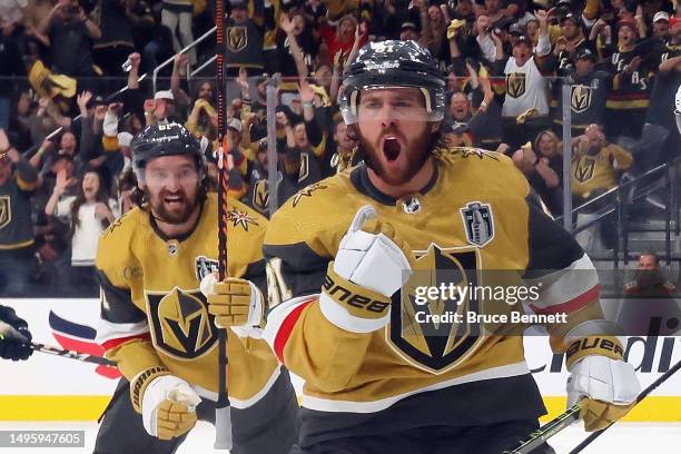 Jonathan Marchessault of the Vegas Golden Knights celebrates his first period goal against Sergei Bobrovsky of the Florida Panthers in Game One of...