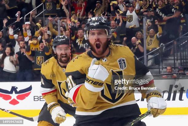 Jonathan Marchessault of the Vegas Golden Knights celebrates his first period goal against Sergei Bobrovsky of the Florida Panthers in Game One of...