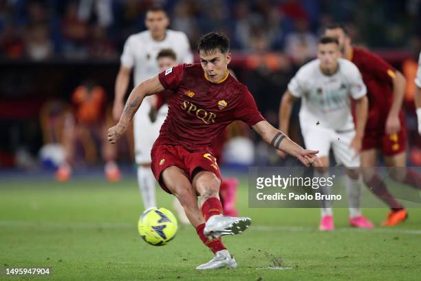 Paulo Dybala of AS Roma scores their sides second goal from the penalty spot during the Serie A match between AS Roma and Spezia Calcio at Stadio...