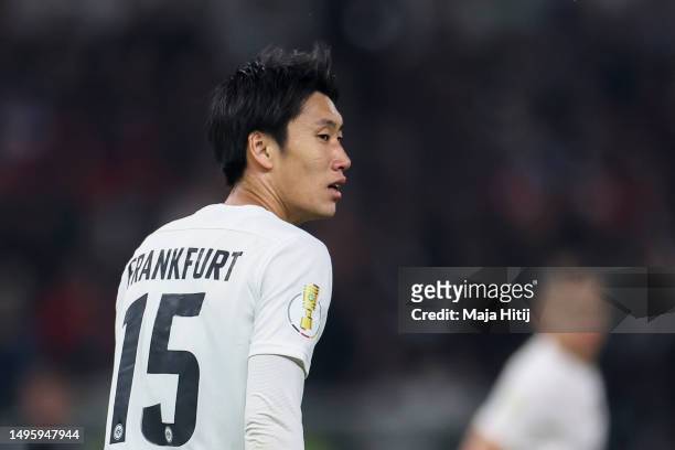 Daichi Kamada of Eintracht Frankfurt looks on during the DFB Cup final match between RB Leipzig and Eintracht Frankfurt at Olympiastadion on June 03,...