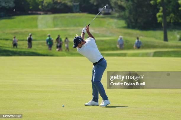 Denny McCarthy of the United States hits from the 13th fairway during the final round of the Memorial Tournament presented by Workday at Muirfield...