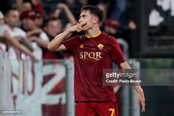 Paulo Dybala of AS Roma celebrates after scoring their sides second goal from the penalty spot during the Serie A match between AS Roma and Spezia...