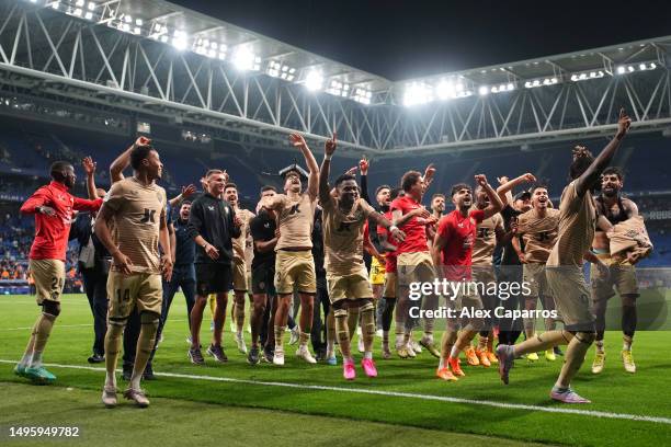 Almeria players celebrate following the LaLiga Santander match between RCD Espanyol and UD Almeria at RCDE Stadium on June 04, 2023 in Barcelona,...