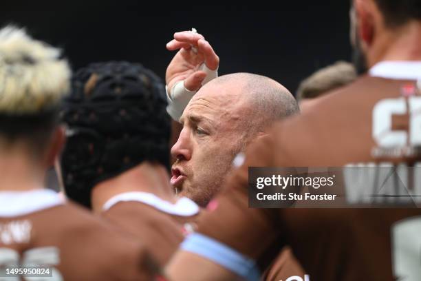 St Helens player James Roby speaks to his team mates during the Betfred Super League Magic Weekend match between St Helens and Huddersfield Giants at...