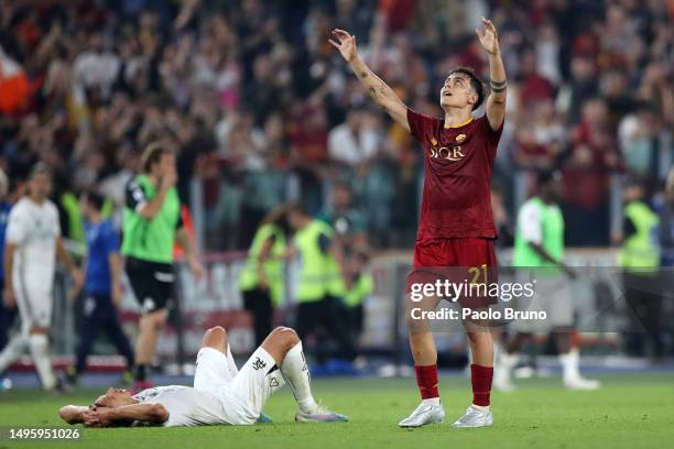 Paulo Dybala of AS Roma celebrates following their sides victory after the Serie A match between AS Roma and Spezia Calcio at Stadio Olimpico on June...