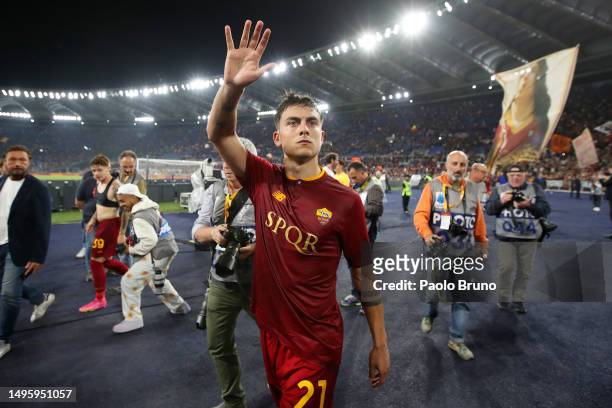 Paulo Dybala of AS Roma acknowledges fans following their sides victory after the Serie A match between AS Roma and Spezia Calcio at Stadio Olimpico...