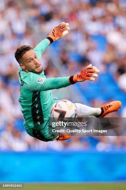 Alejandro Remiro of Real Sociedad in action during the LaLiga Santander match between Real Sociedad and Sevilla FC at Reale Arena on June 04, 2023 in...