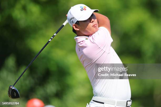 Si Woo Kim of South Korea hits a tee shot on the 15th hole during the final round of the Memorial Tournament presented by Workday at Muirfield...